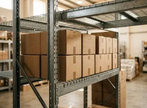 Sturdy metal shelving holds neatly stacked cardboard boxes in a bright storage unit with warm neutral tones.